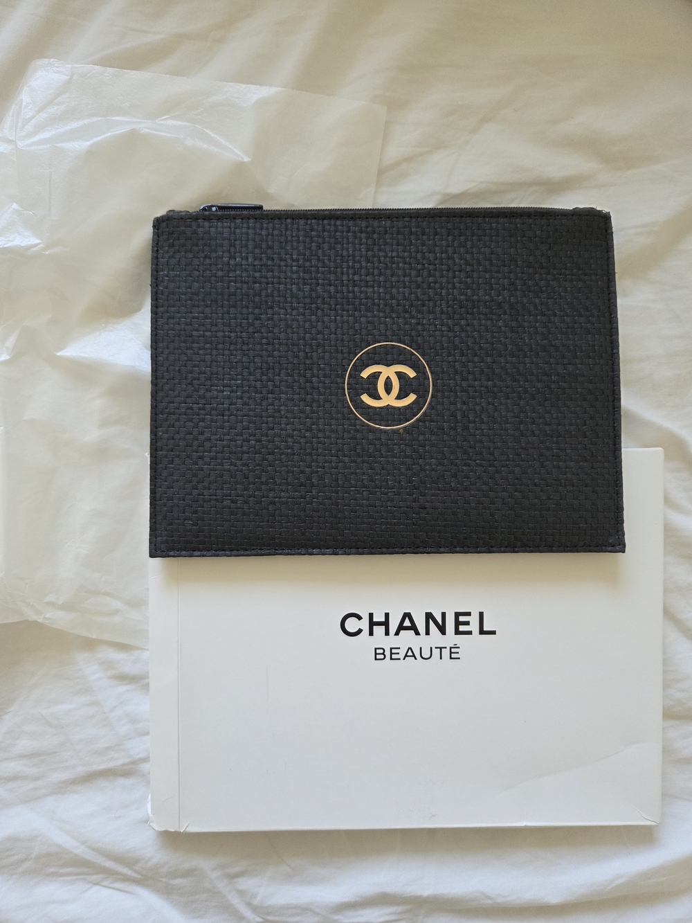 CHANEL Black Woven Zip Pouch with Gold CC Emblem. GWP.